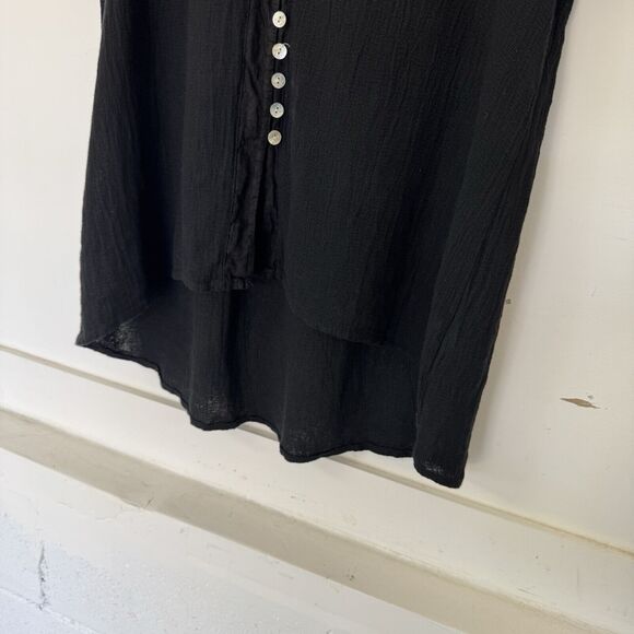 Meo Meli Black Linen Gauze Top Roll Tab Sleeve Abalone Shell Button Up L-XL - Picture 5 of 11